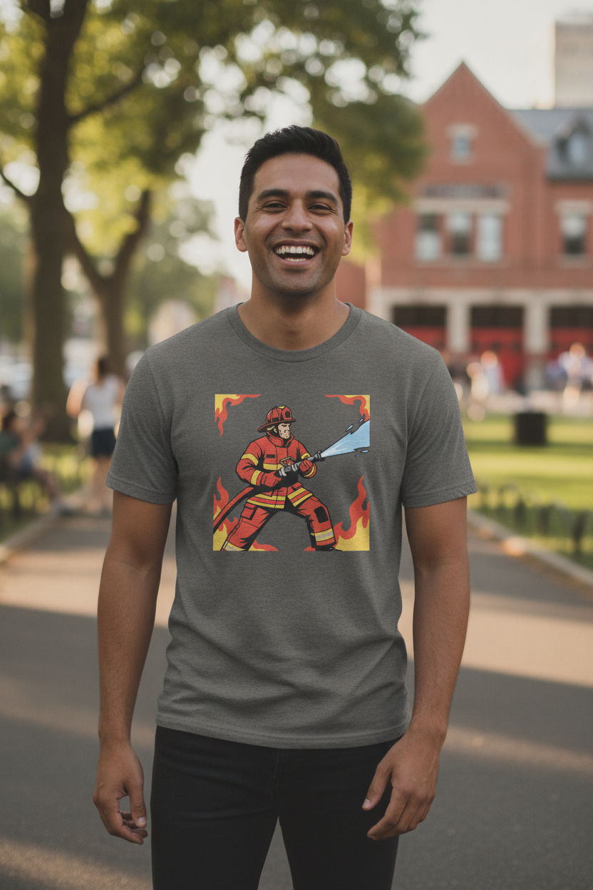 Firefighter Hose Blast Flat Illustration T-Shirt | Bold Firefighter Graphic Tee