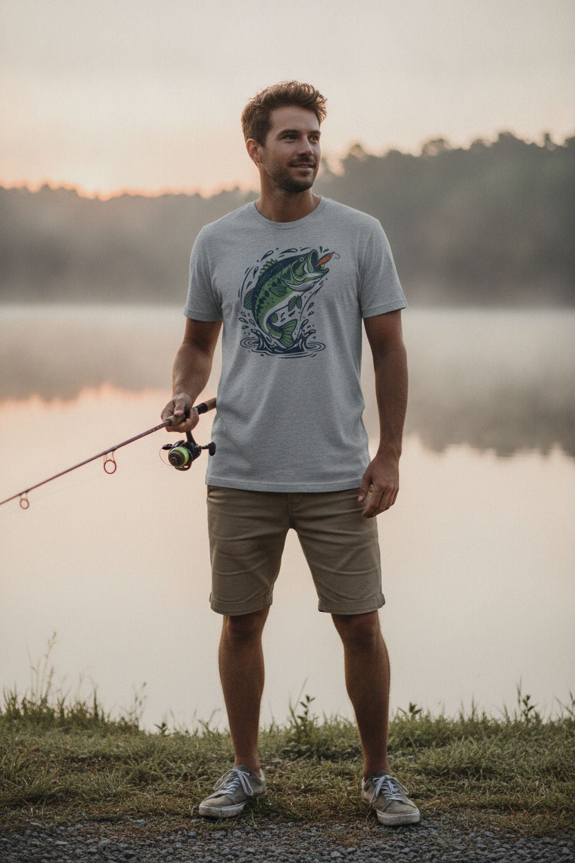 Bass Fishing Leaping Fish Flat Illustration T-Shirt | Cozy Angler Apparel