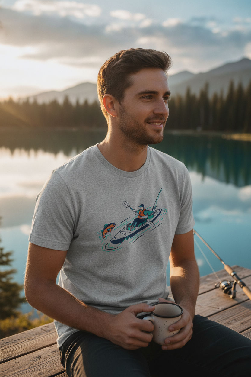Fishing Kayak Paddler Flat Illustration T-Shirt | Kayak Fishing Gift Tee