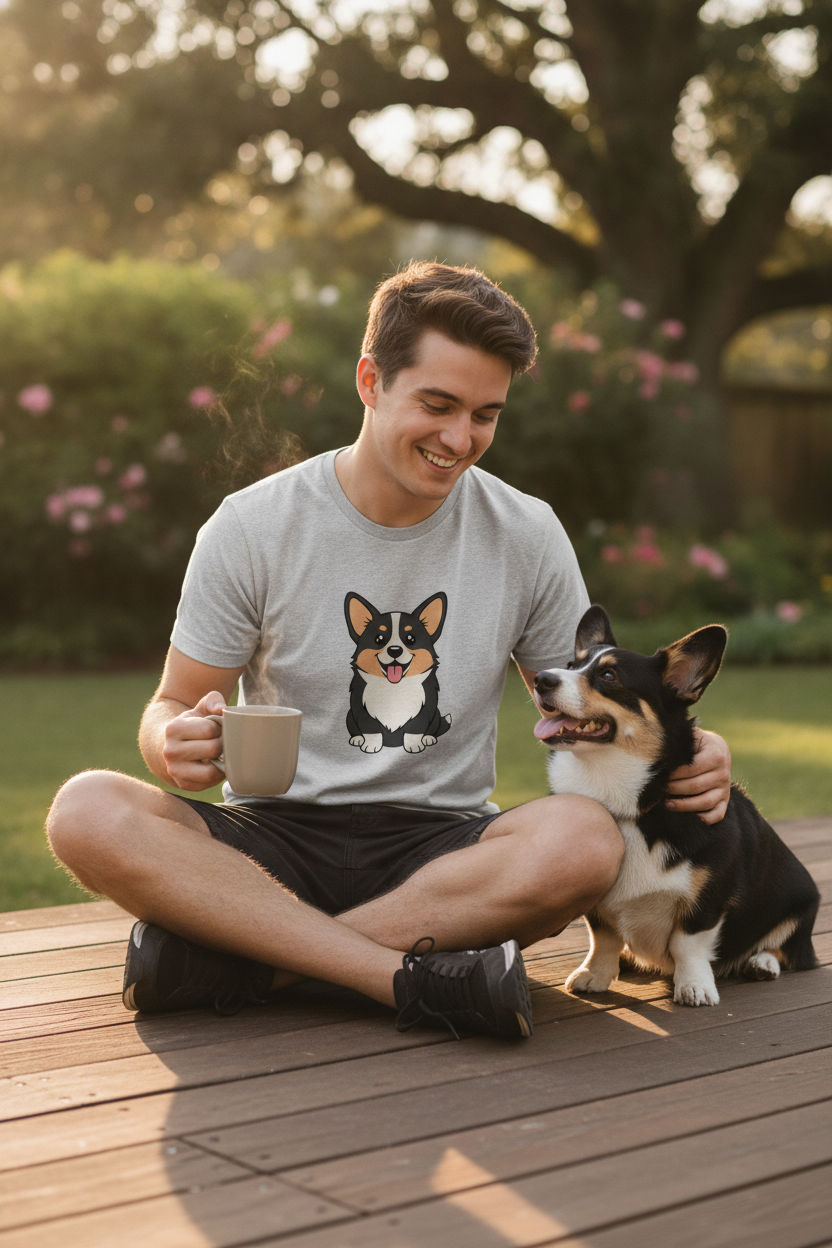 Happy Black Corgi Flat Illustration T-Shirt | Cute Corgi Lover Gift