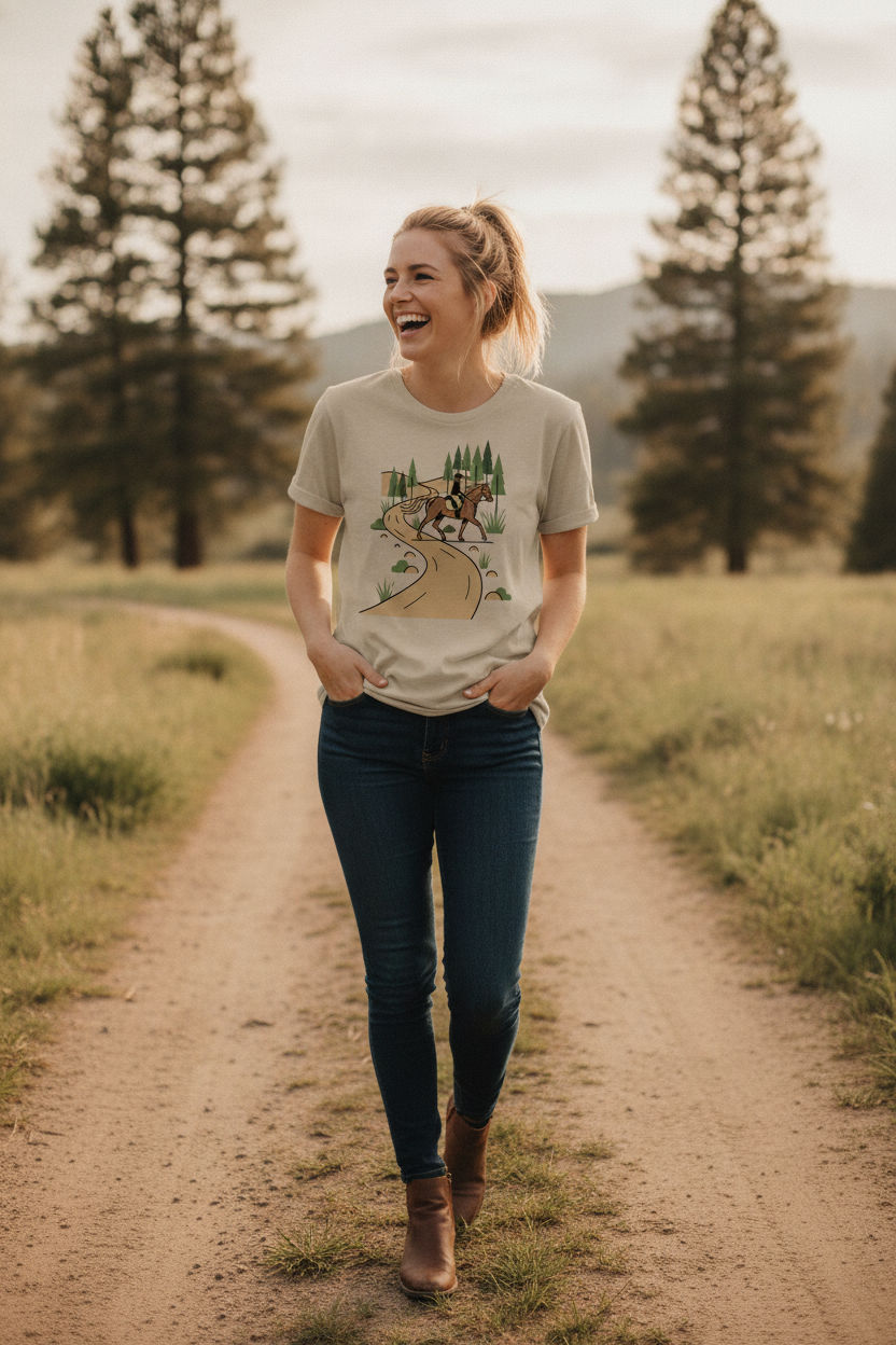 Horse Trail Riding Forest Path T-Shirt | Cozy Equestrian Nature Tee