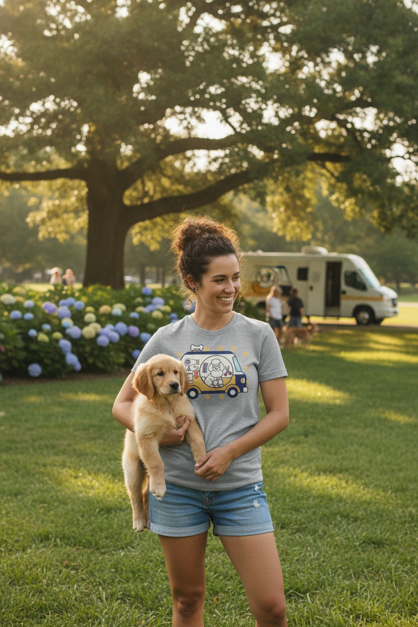 Mobile Dog Groomer Poodle Van Tee - Flat Illustration Dog Groomer Shirt