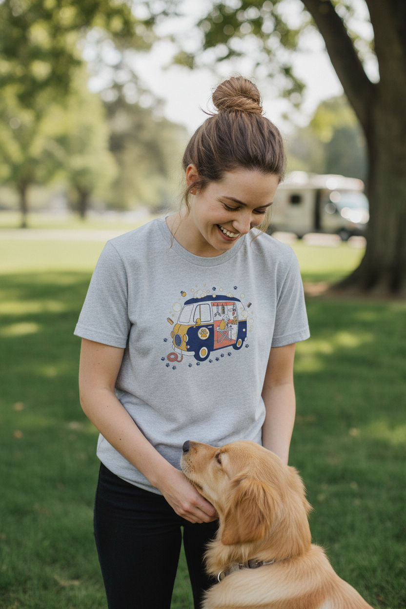Mobile Dog Grooming Van Flat Illustration Tee - Cute Dog Groomer Shirt