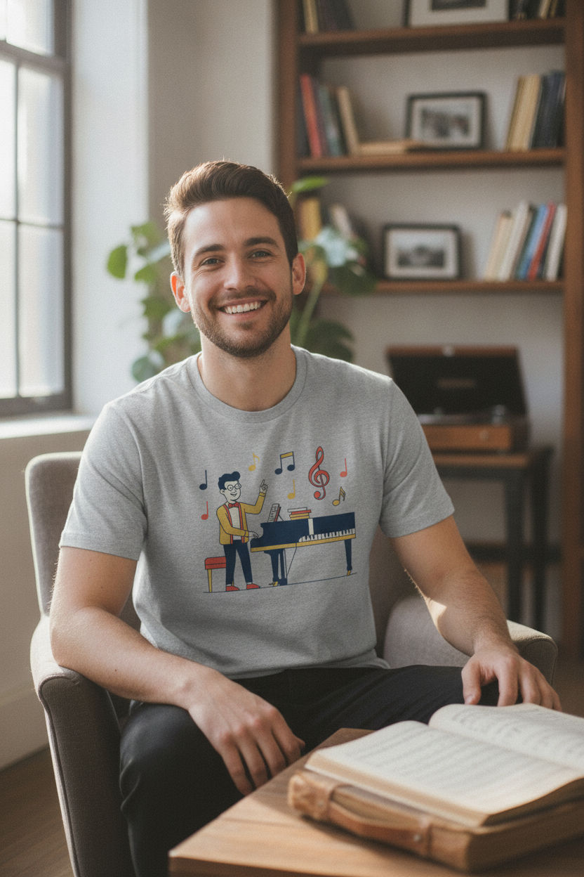 Music Teacher Grand Piano Flat Illustration T-Shirt | Cute Gift for Piano Teachers & Band Directors