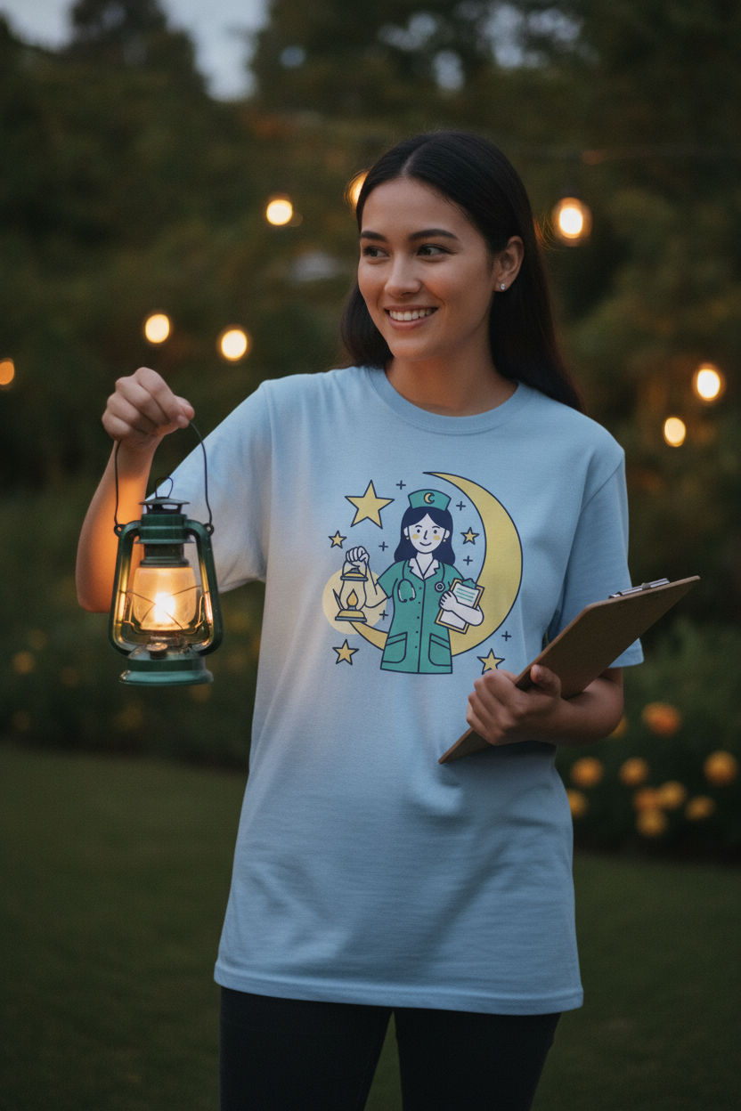 Night Nurse Lantern Moon & Stars Flat Illustration Tee - Cozy Nurse Gift