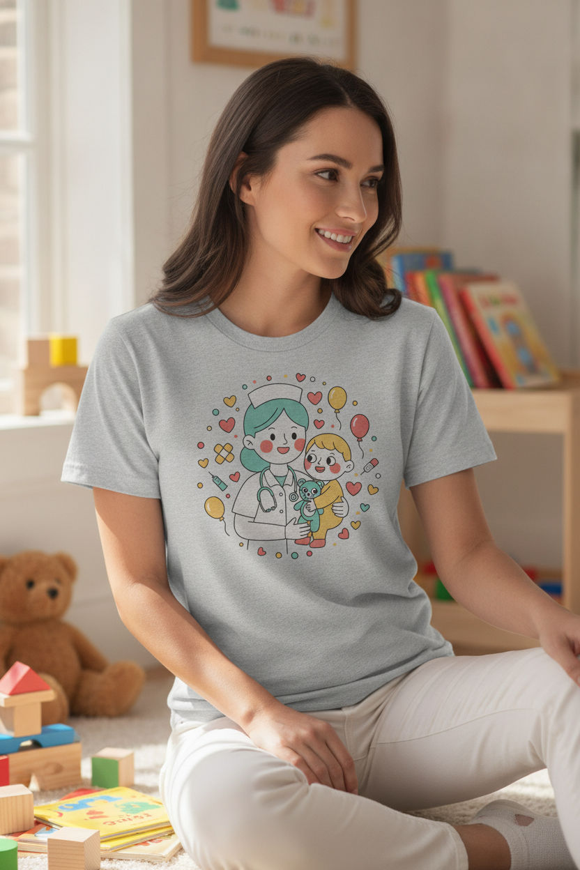 Pediatric Nurse Flat Illustration Graphic Tee - Cute Nurse Gift Shirt