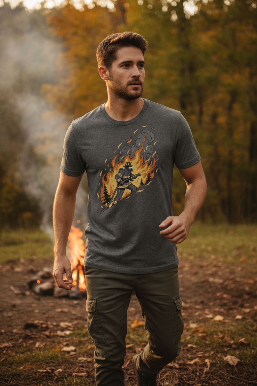 Wildland Firefighter Battling Flames T-Shirt – Bold Firefighter Graphic Tee